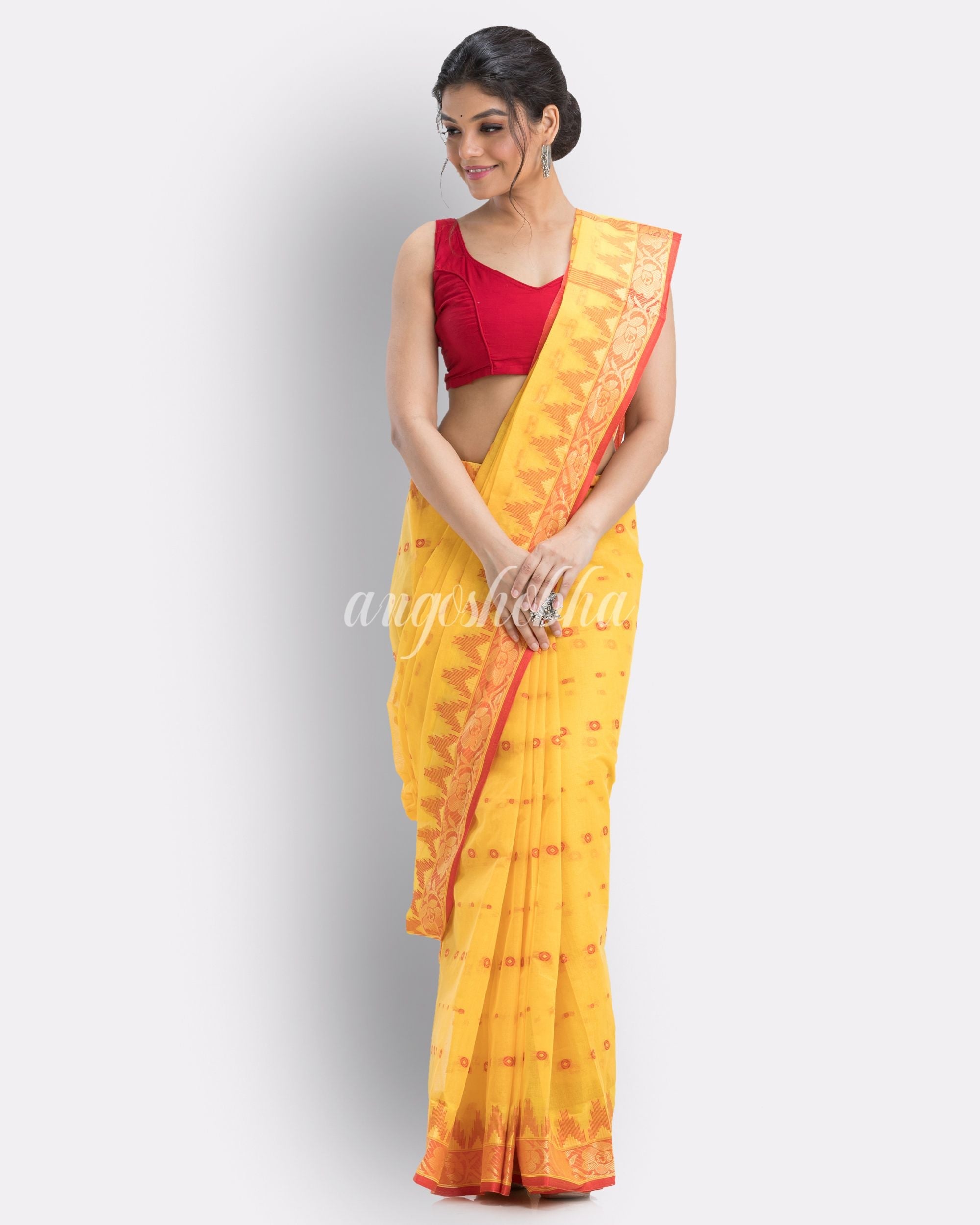 Handloom Pure Cotton Tant Saree in Yellow angoshobha