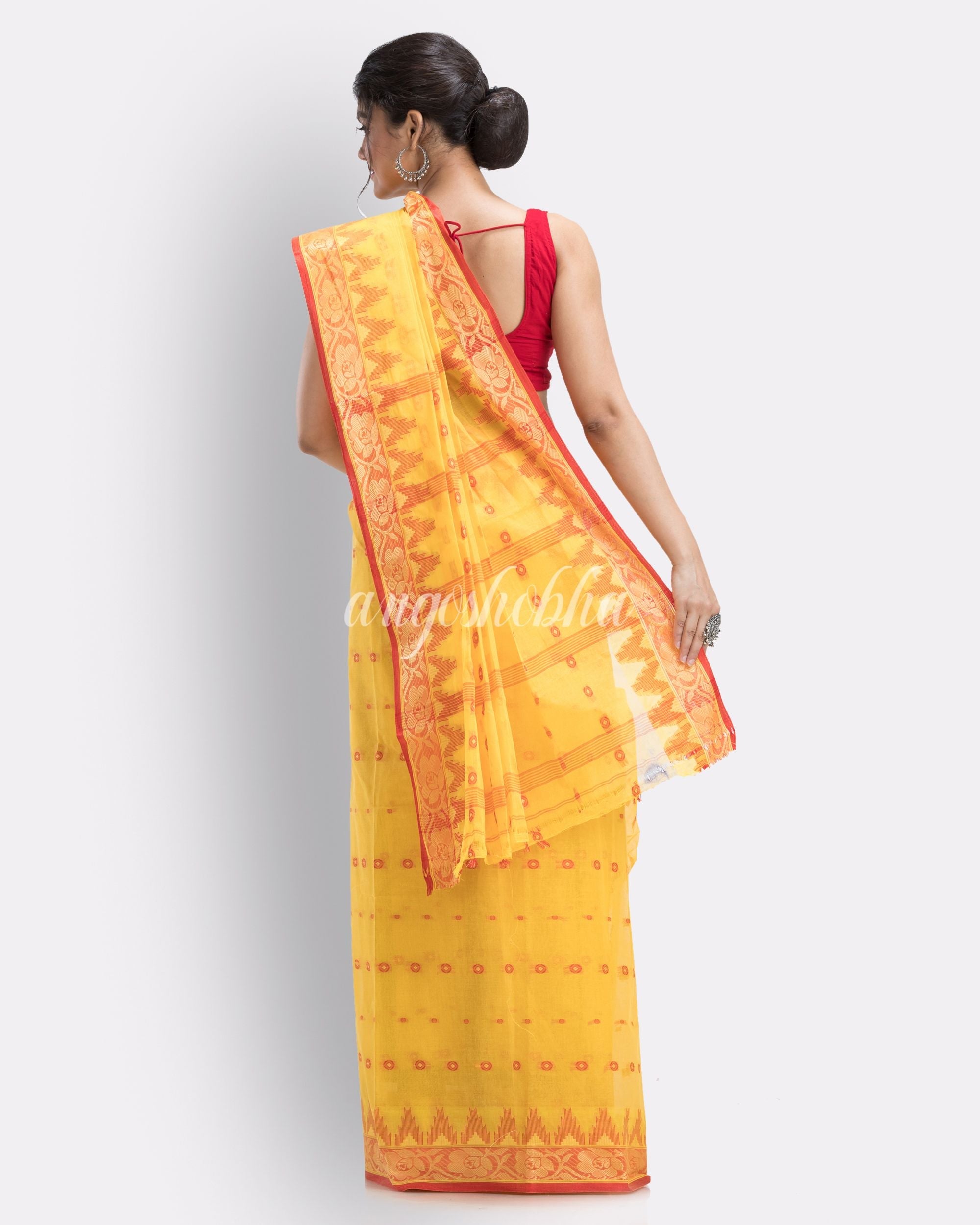 Handloom Pure Cotton Tant Saree in Yellow angoshobha