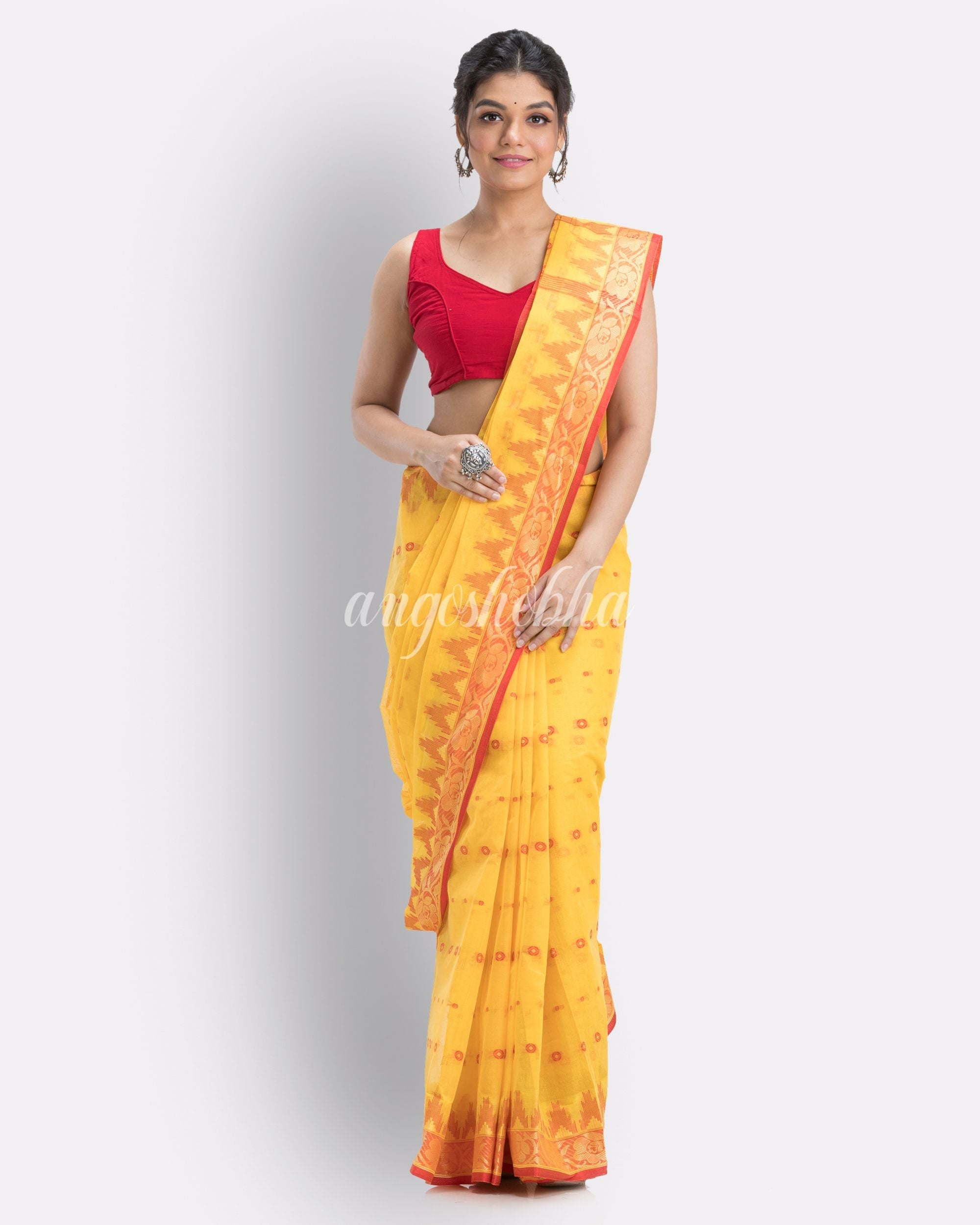 Handloom Pure Cotton Tant Saree in Yellow angoshobha