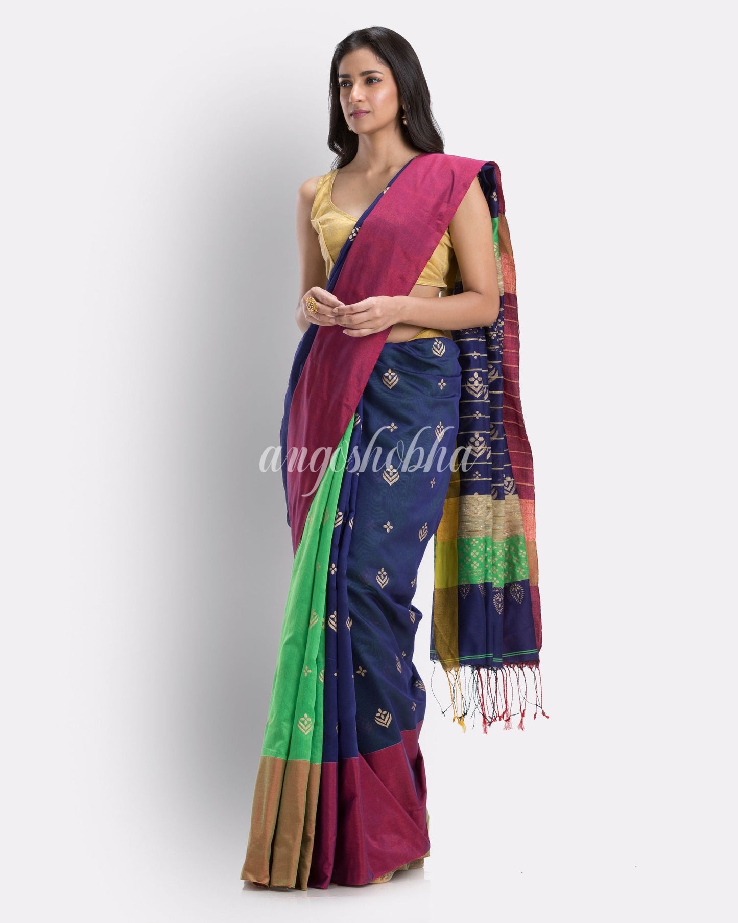 Handwoven Printed Festive Cotton Blend Saree (Blue Green) angoshobha