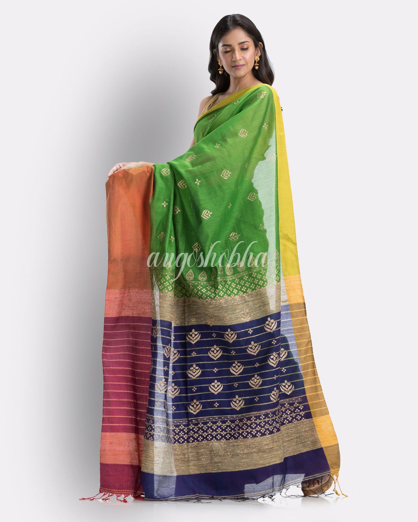 Handwoven Printed Festive Cotton Blend Saree (Blue Green) angoshobha