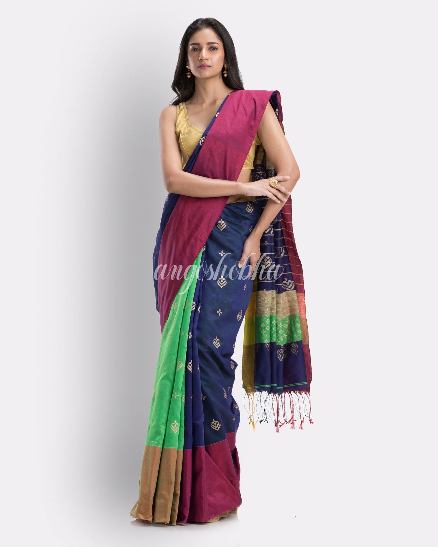 Handwoven Printed Festive Cotton Blend Saree (Blue Green) angoshobha