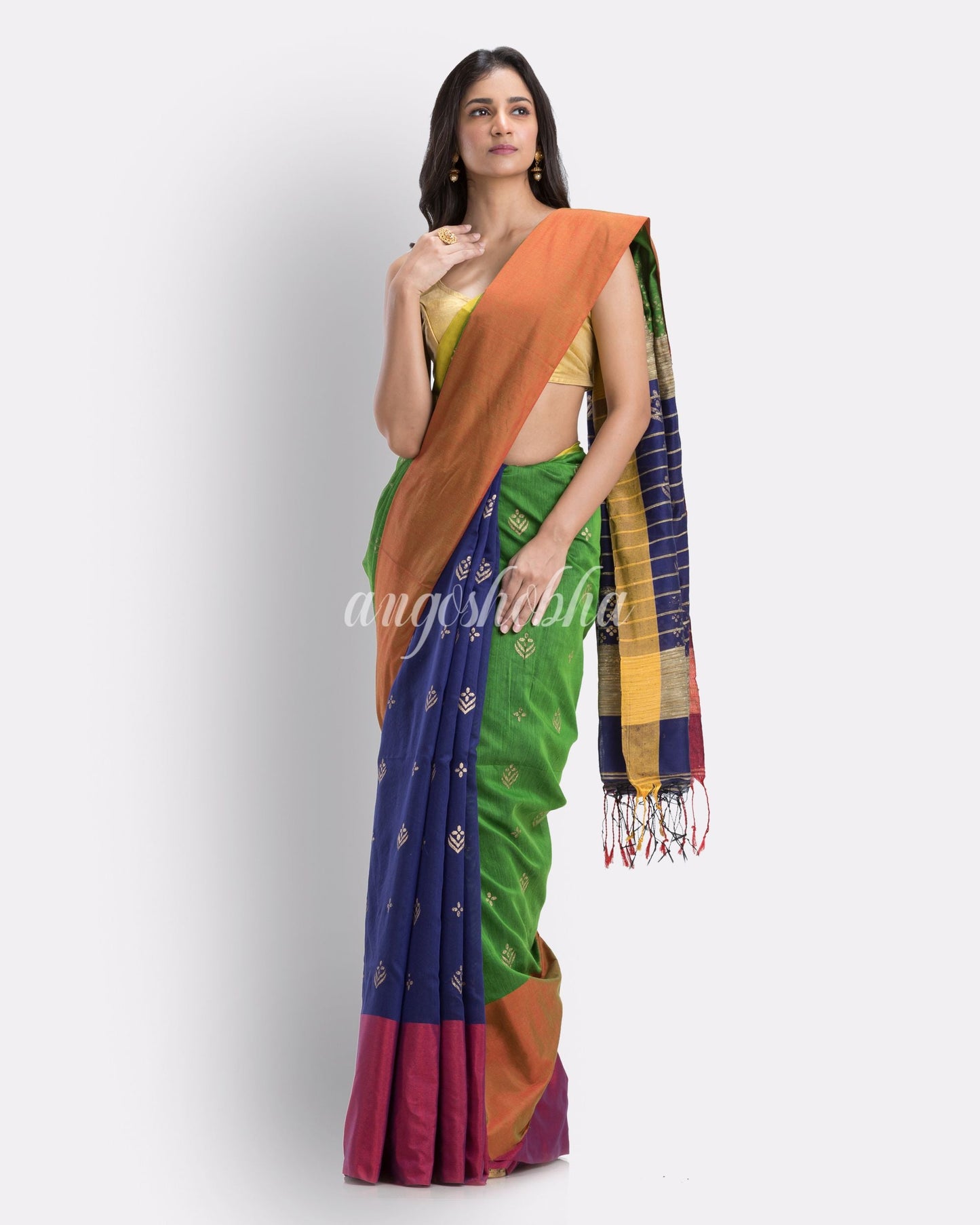 Handwoven Printed Festive Cotton Blend Saree (Blue Green) angoshobha