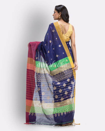 Handwoven Printed Festive Cotton Blend Saree (Blue Green) angoshobha