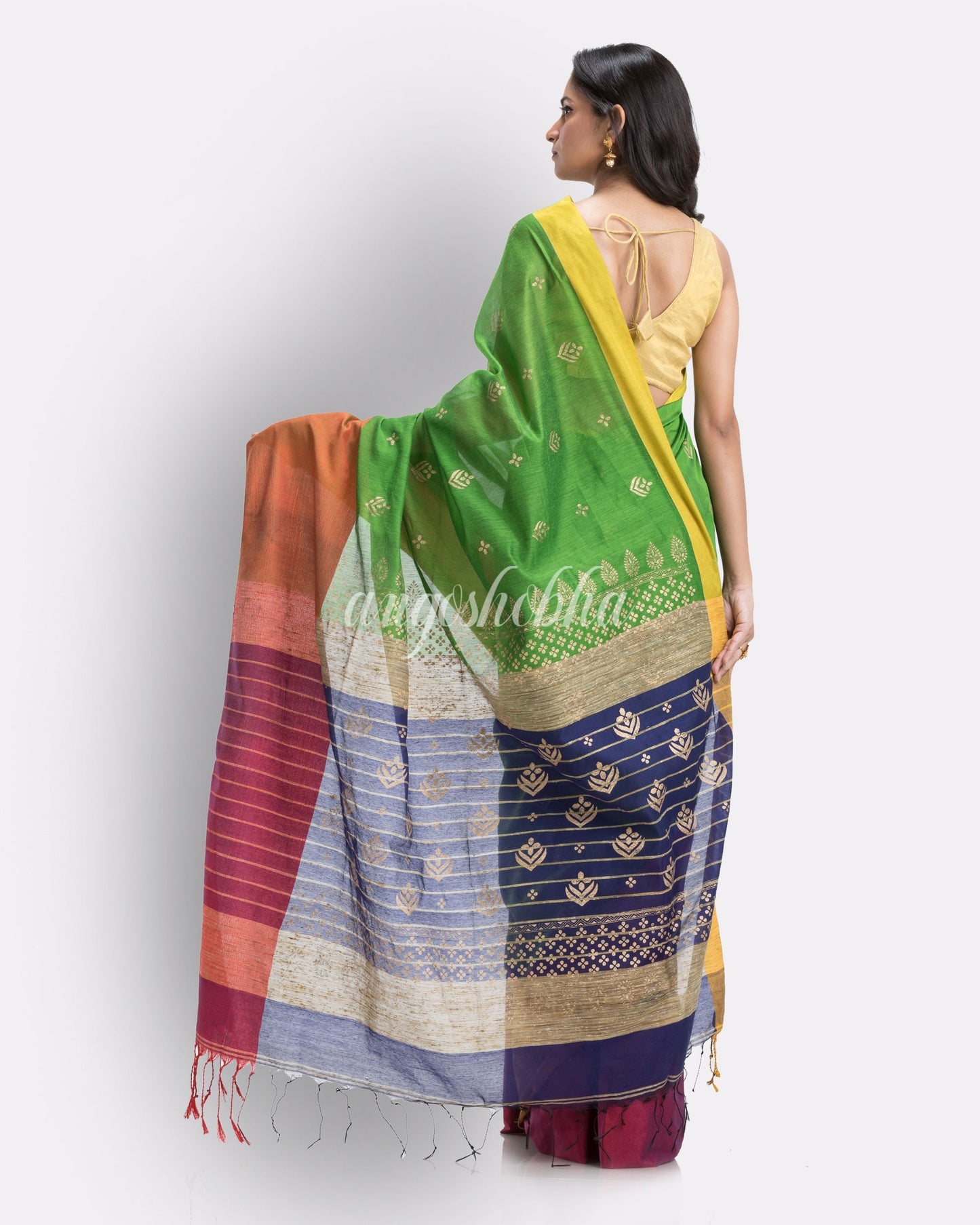 blue green Handwoven Cotton Printed Festive Blend Saree