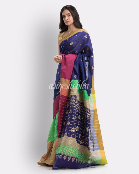 Blue Green Handwoven Printed Festive Cotton Blend Saree- angoshobha 