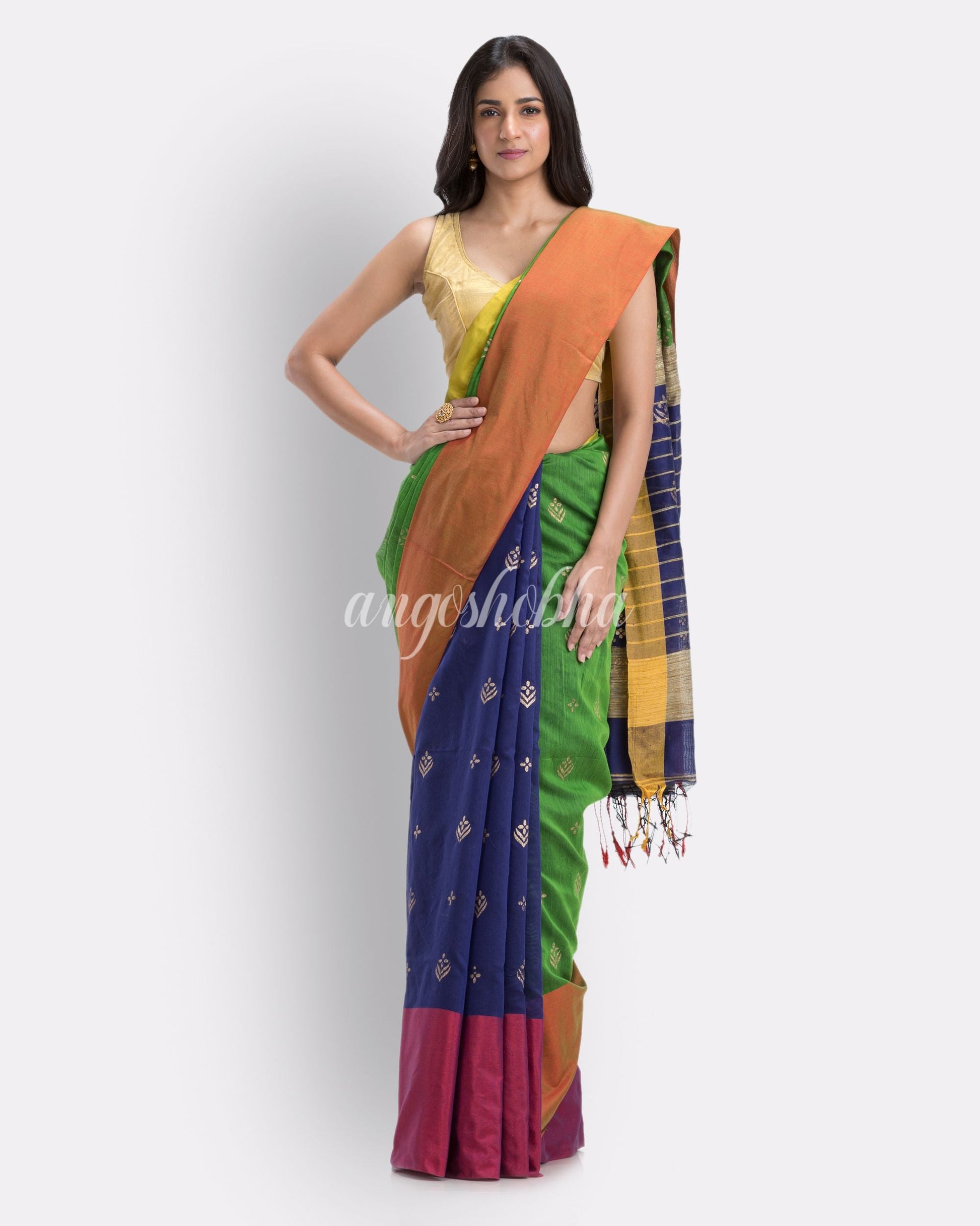 Handwoven Printed Festive Cotton Blend Saree (Blue Green) angoshobha