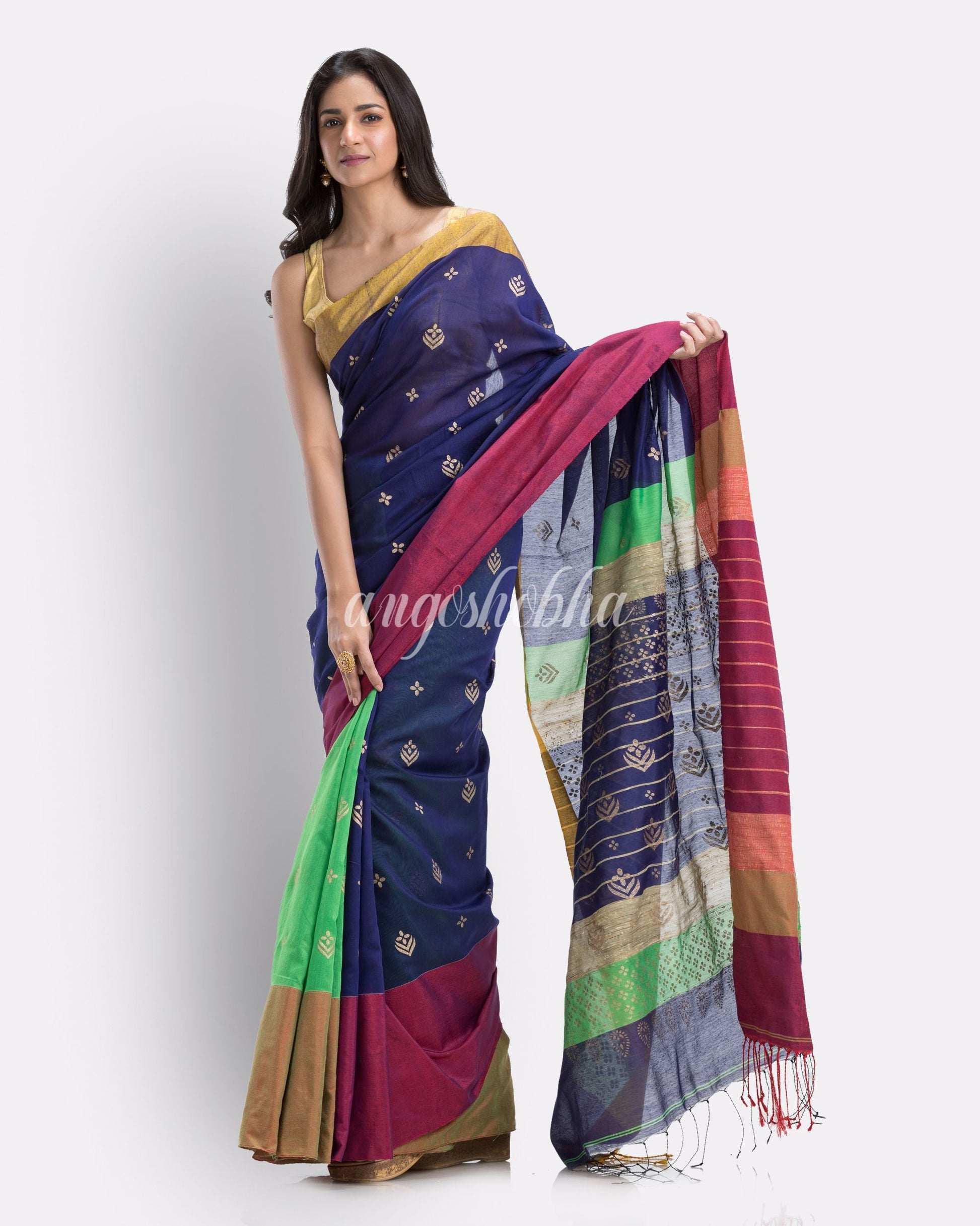 Handwoven Printed Festive Cotton Blend Saree (Blue Green) angoshobha