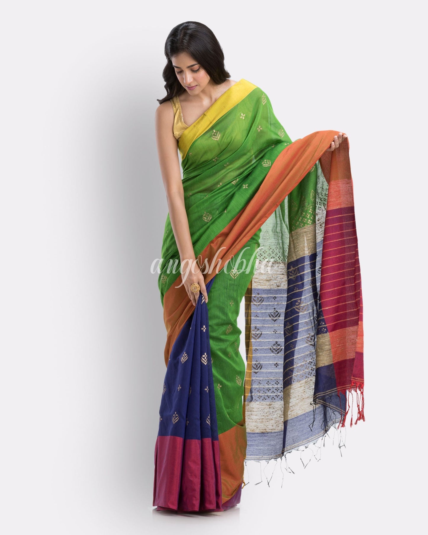 Handwoven Printed Festive Cotton Blend Saree (Blue Green) angoshobha