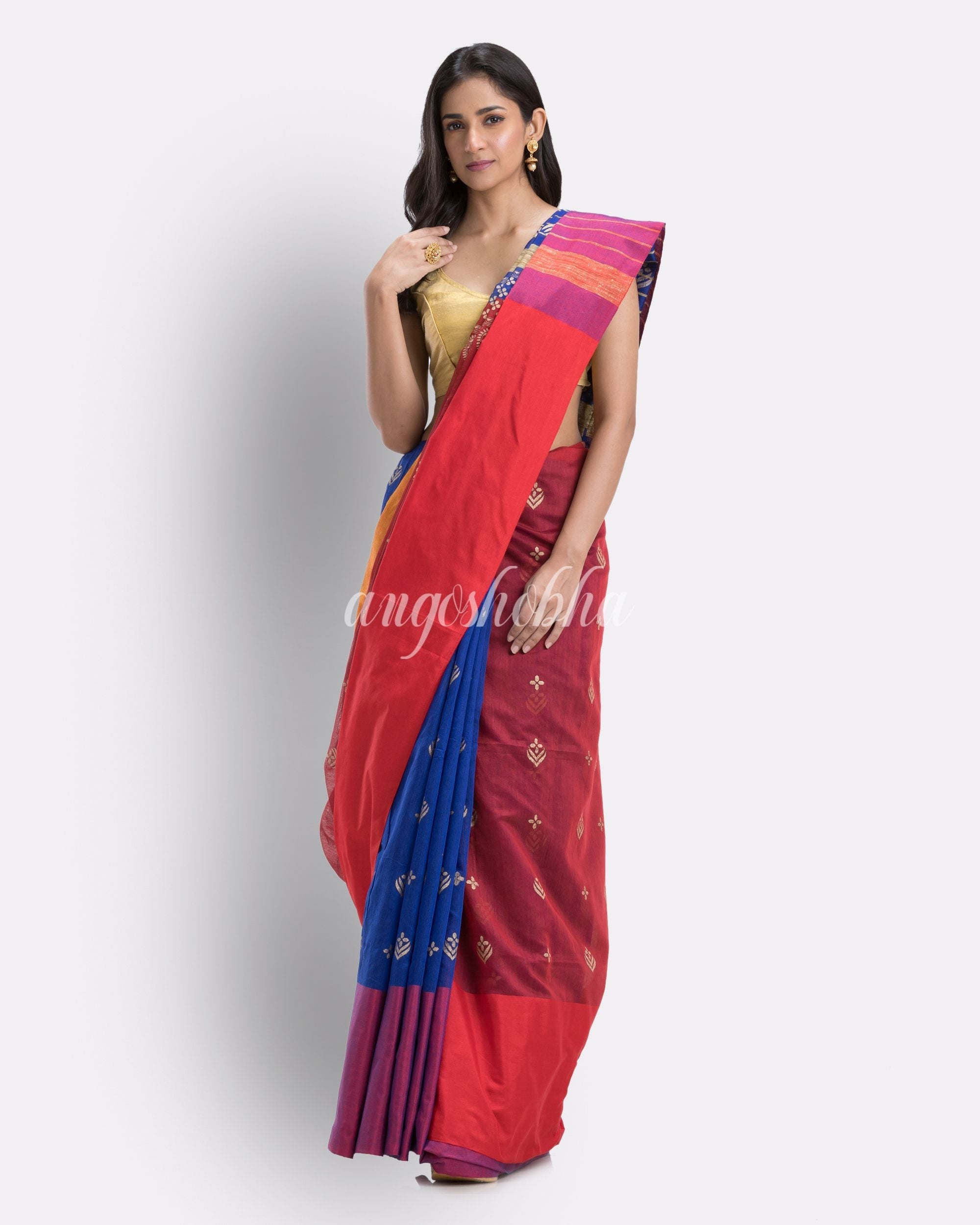 Handwoven Printed Festive Cotton Blend Saree (Blue Maroon) angoshobha