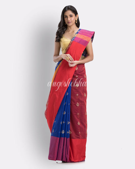 Blue, Maroon Handwoven Printed Festive Cotton Blend Saree angoshobha