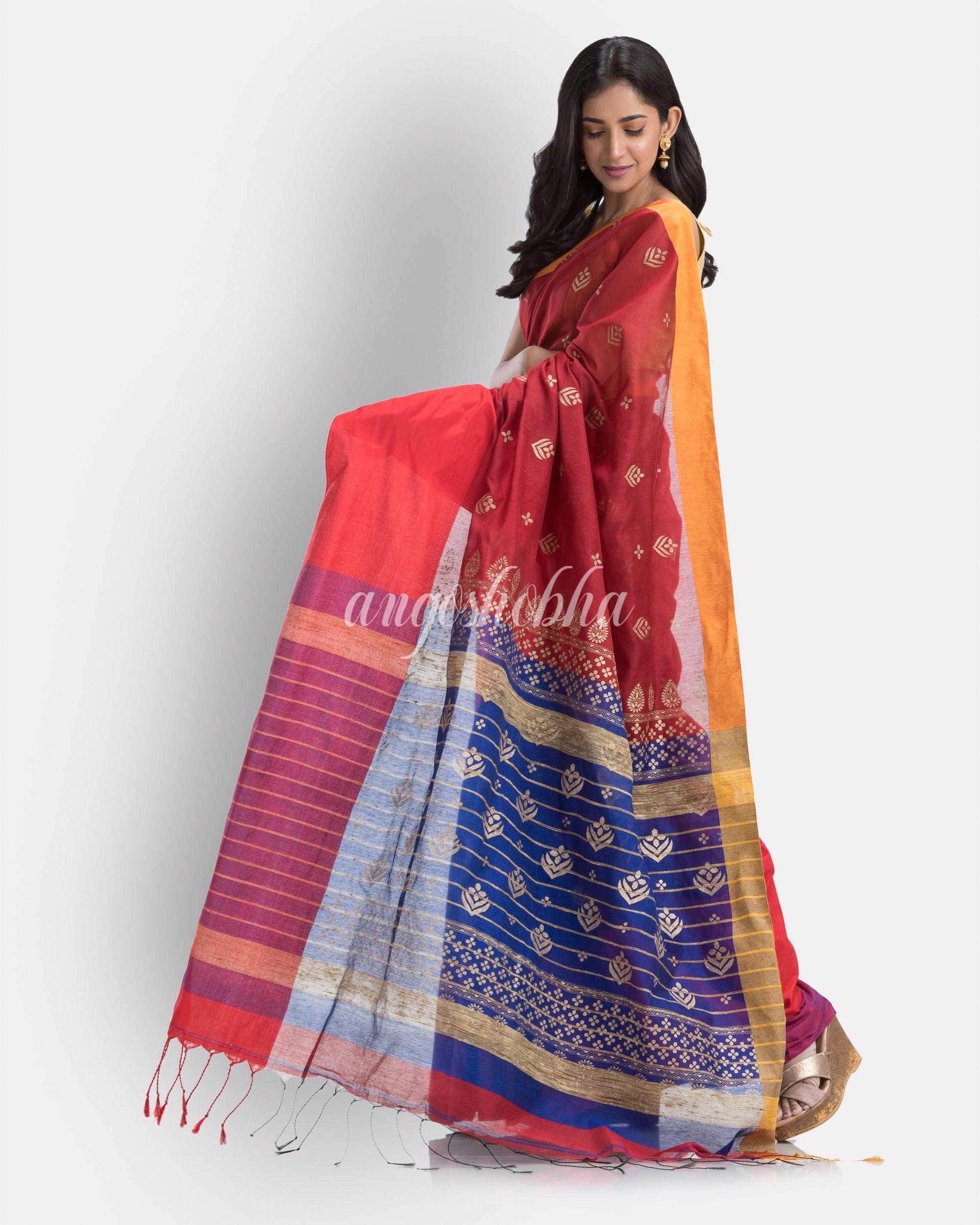 Handwoven Printed Festive Cotton Blend Saree (Blue Maroon) angoshobha
