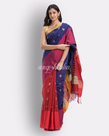 Handwoven Printed Festive Cotton Blend Saree (Blue Red) angoshobha