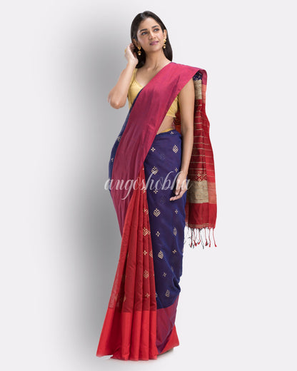 Handwoven Printed Festive Cotton Blend Saree (Blue Red) angoshobha