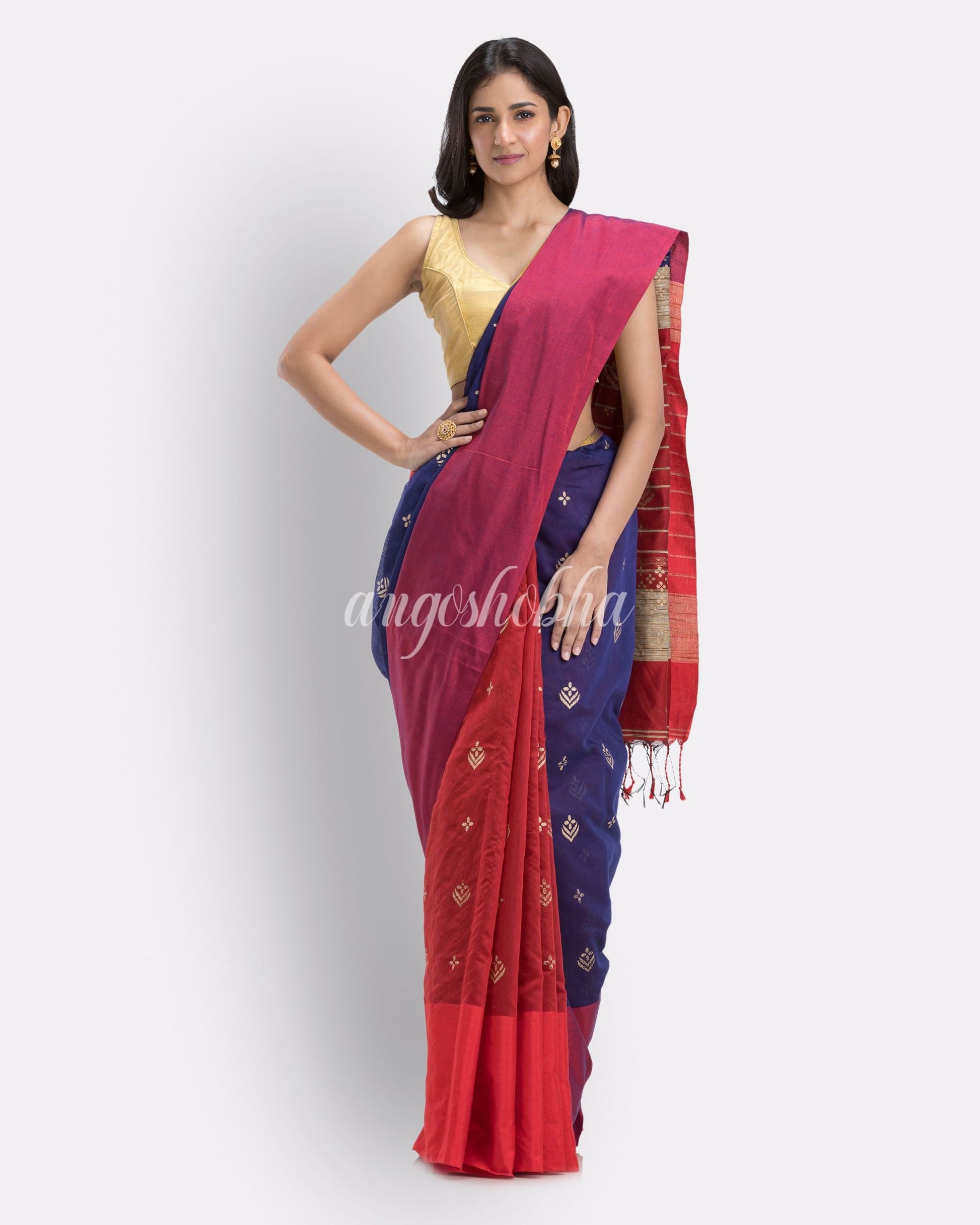 Handwoven Printed Festive Cotton Blend Saree (Blue Red) angoshobha