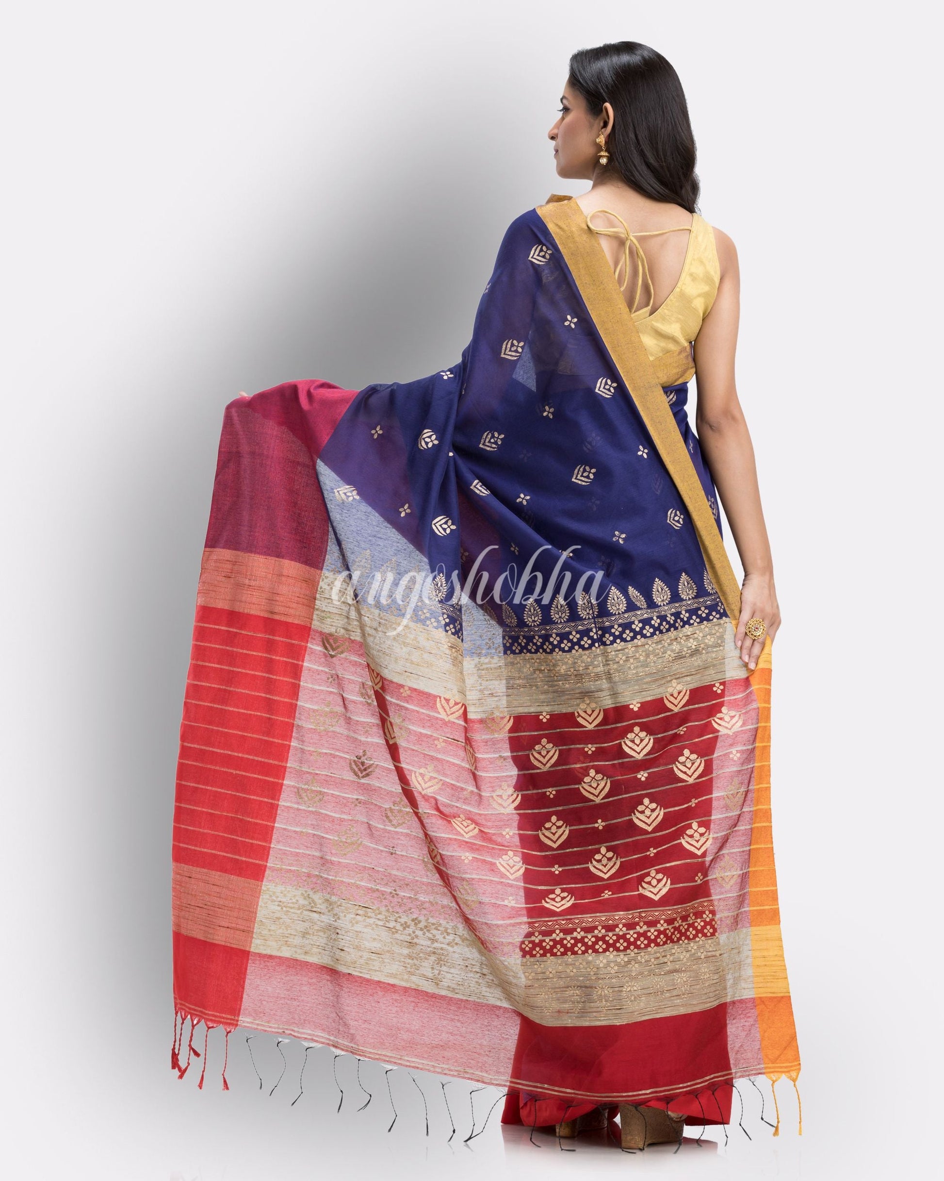 Handwoven Printed Festive Cotton Blend Saree (Blue Red) angoshobha