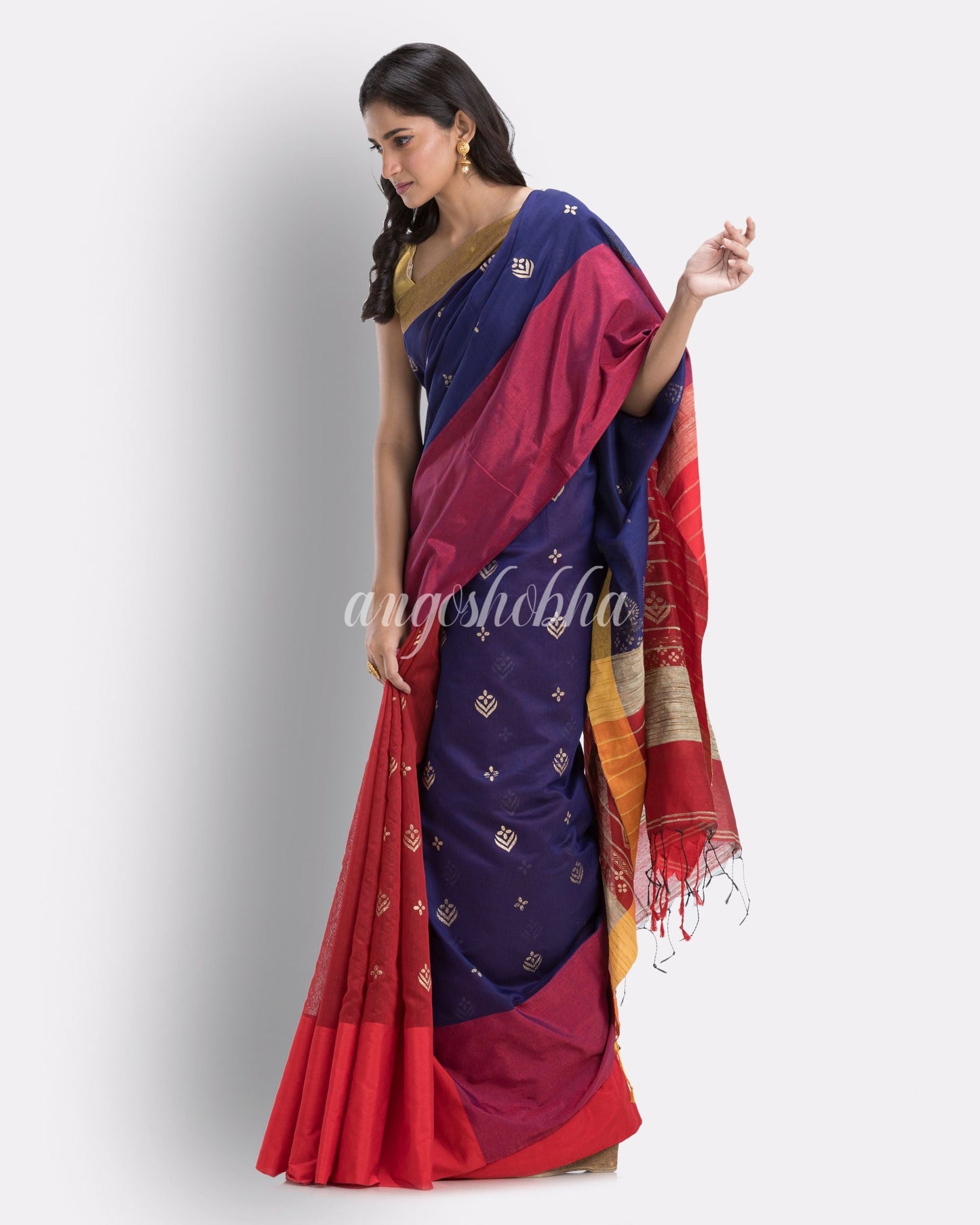 Handwoven Printed Festive Cotton Blend Saree (Blue Red) angoshobha