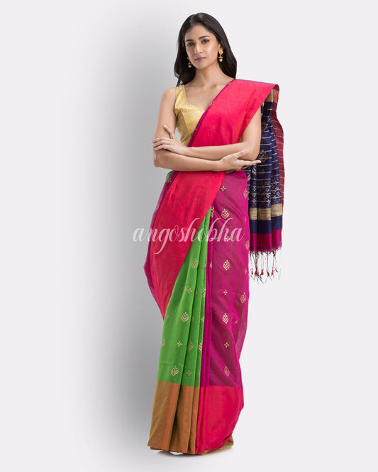 Handwoven Printed Festive Cotton Blend Saree (Green pink Blue) angoshobha