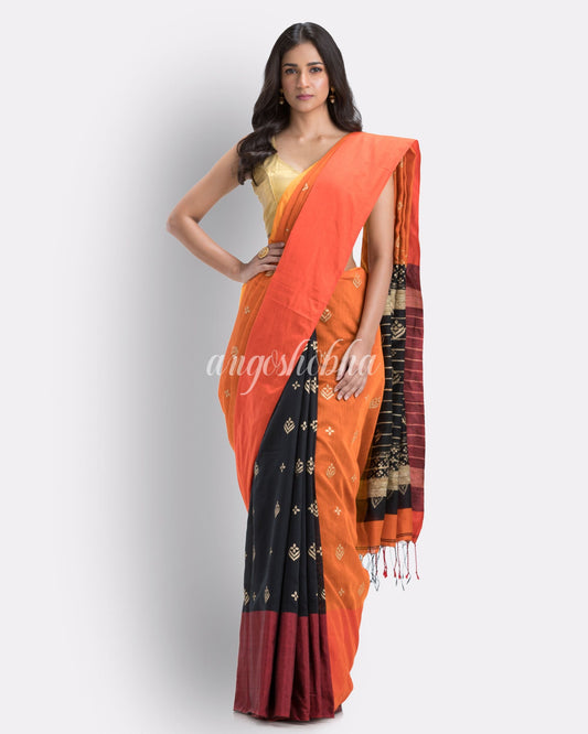 Handwoven Printed Festive Cotton Blend Saree (Orange Black) angoshobha