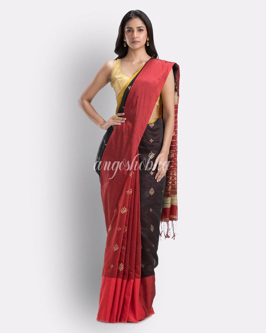 Handwoven Printed Festive Cotton Blend Saree (Red Black) angoshobha