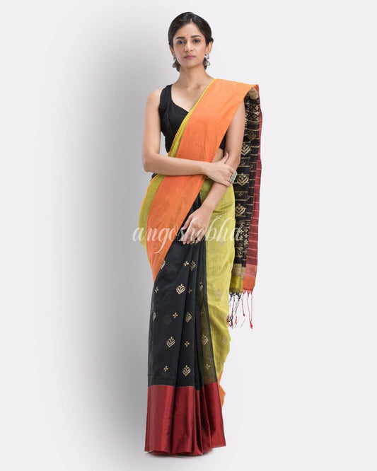 Handwoven Printed Festive Cotton Blend Saree (Yellow Black) angoshobha