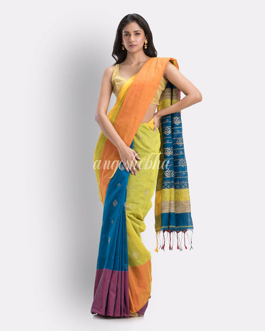 Handwoven Printed Festive Cotton Blend Saree (Yellow Blue) angoshobha