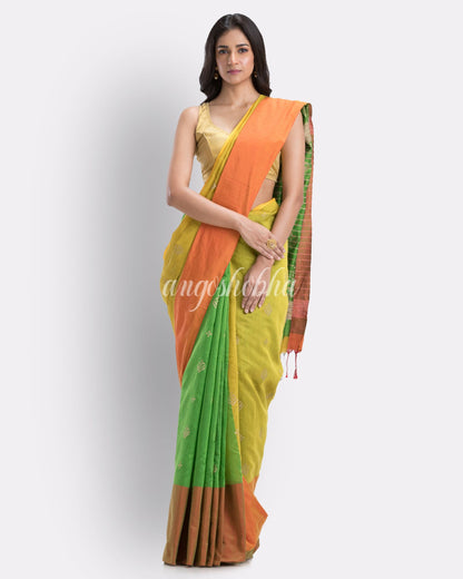 Handwoven Printed Festive Cotton Blend Saree (Yellow Green) angoshobha