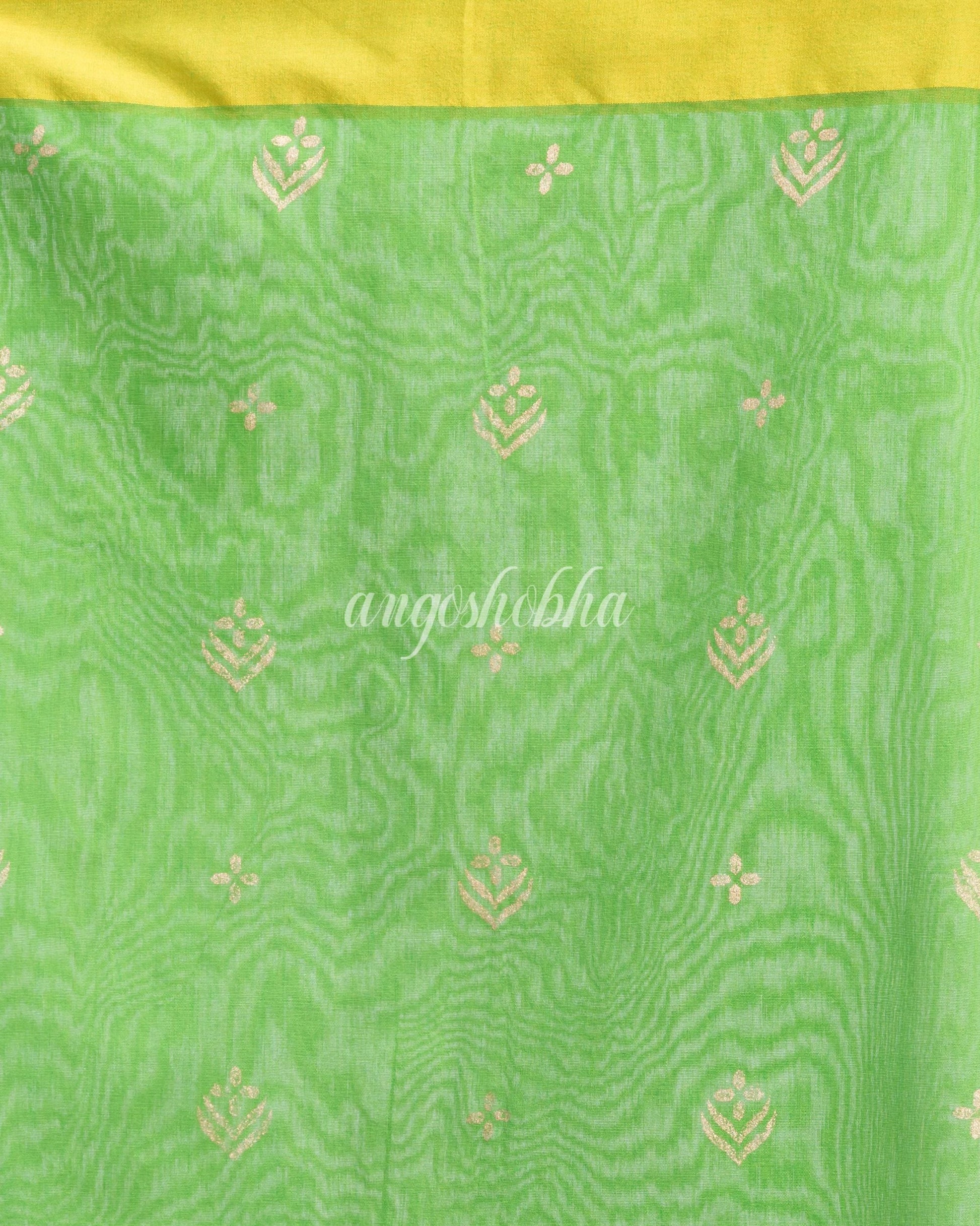 Handwoven Printed Festive Cotton Blend Saree (Yellow Green) angoshobha