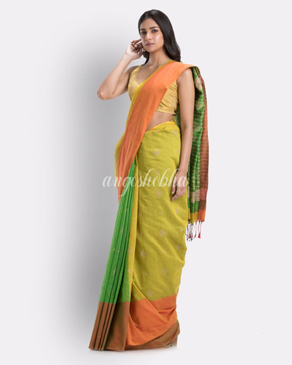 Handwoven Printed Festive Cotton Blend Saree (Yellow Green) angoshobha