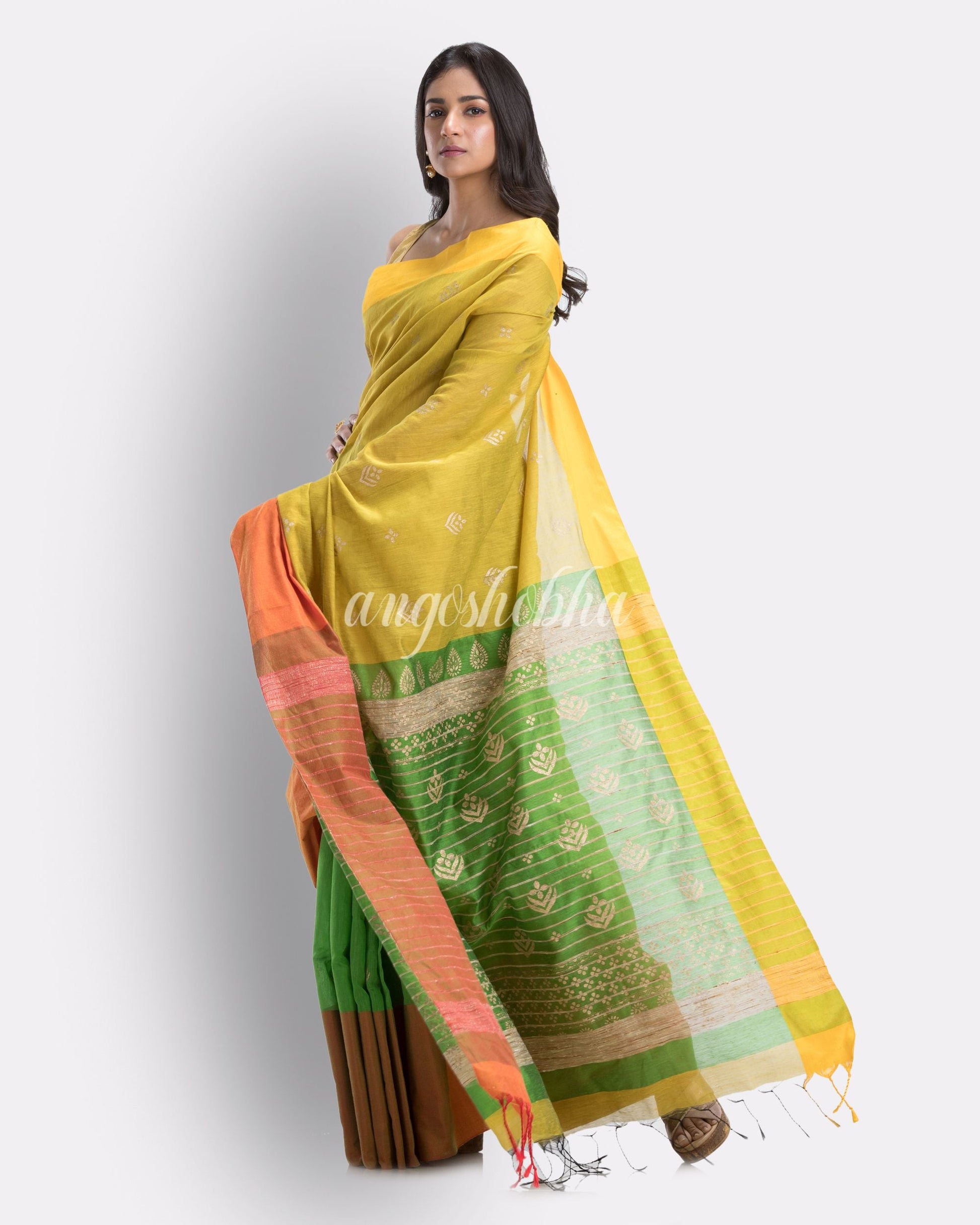 Handwoven Printed Festive Cotton Blend Saree (Yellow Green) angoshobha