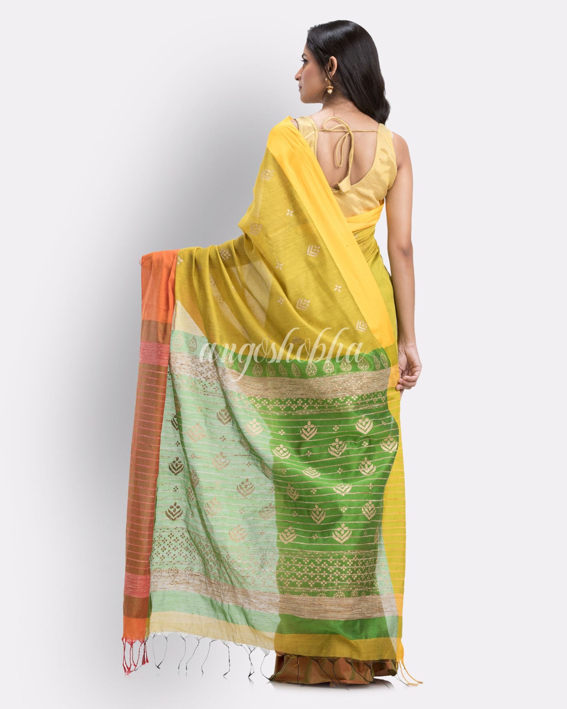 Yellow Green Printed Handwoven Festive Cotton Blend Saree