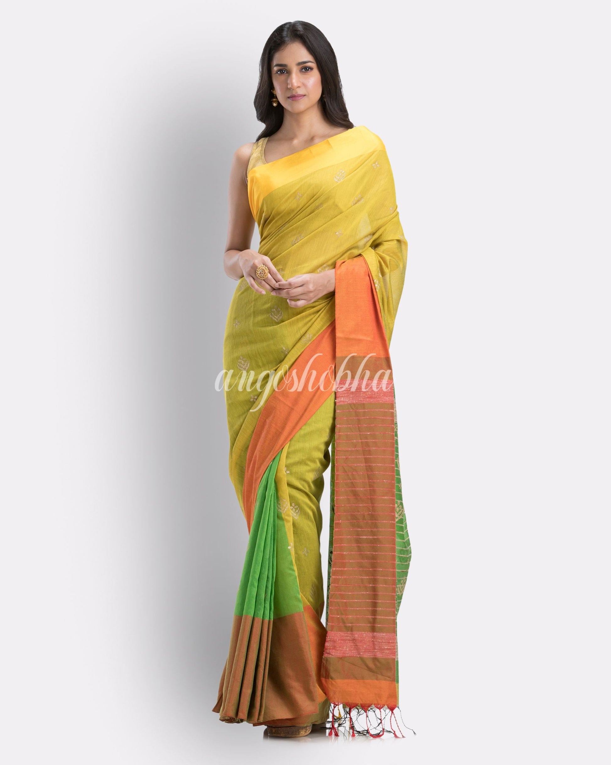 Handwoven Printed Festive Cotton Blend Saree (Yellow Green) angoshobha