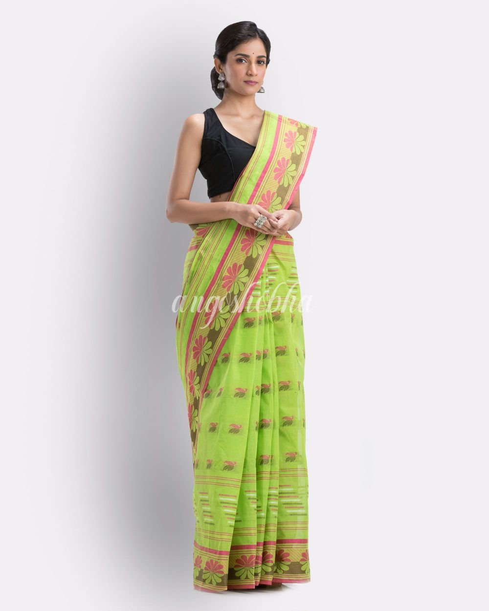 Handwoven, Self Design Tant Pure Cotton Saree (Green) angoshobha