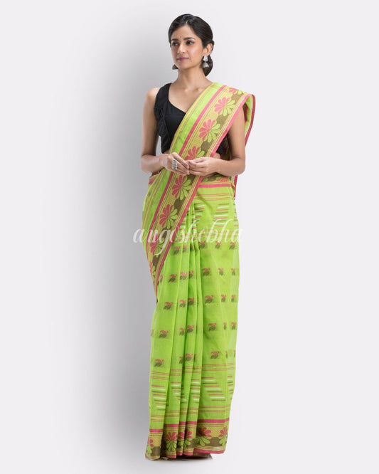 Handwoven, Self Design Tant Pure Cotton Saree (Green) angoshobha