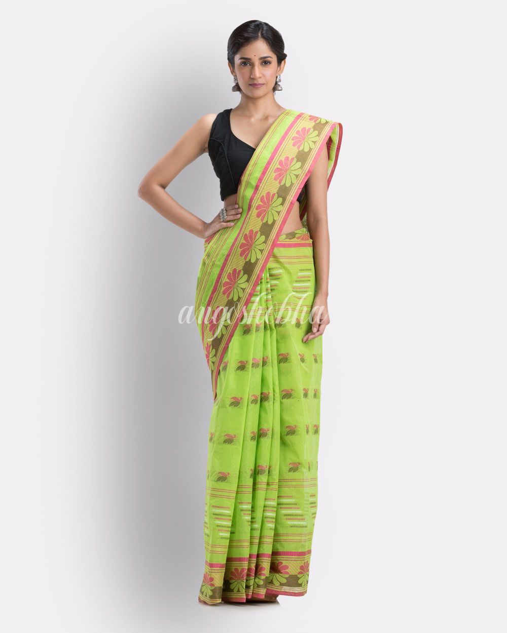 Self Design Green Tant Pure Cotton Saree) angoshobha