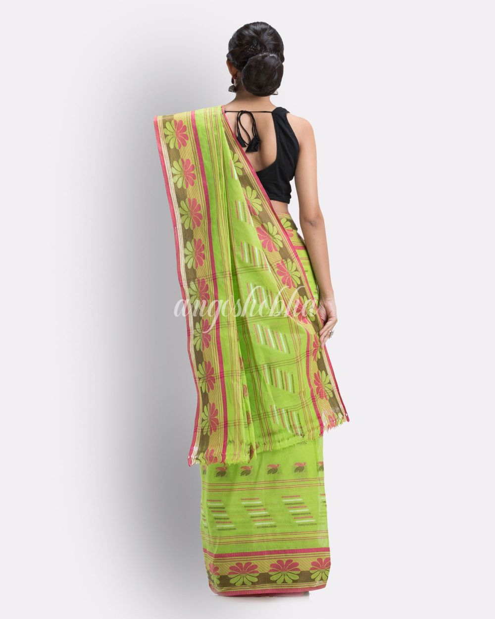 Self Design Green Tant Pure Cotton Saree angoshobha