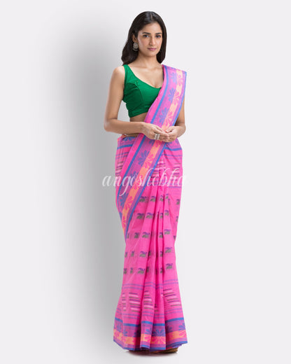 Handwoven Self Design Tant Pure Cotton Saree (Pink) angoshobha