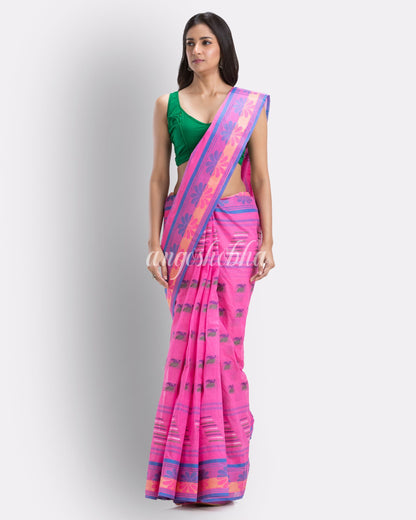 Handwoven Self Design Tant Pure Cotton Saree (Pink) angoshobha