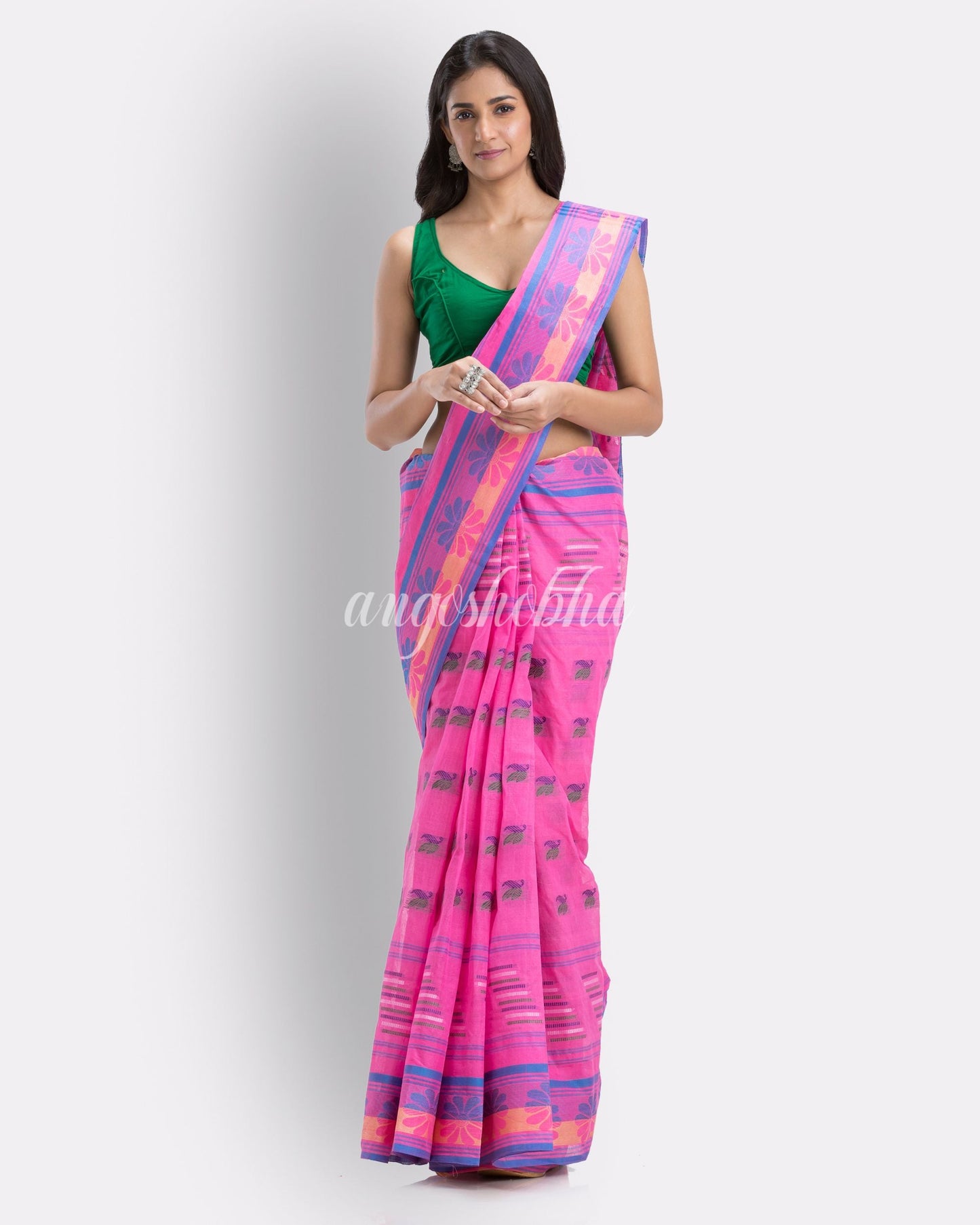 Handwoven Self Design Tant Pure Cotton Saree (Pink) angoshobha