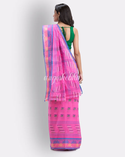 Handwoven Self Design Pink Tant Pure Cotton Saree-angoshobha