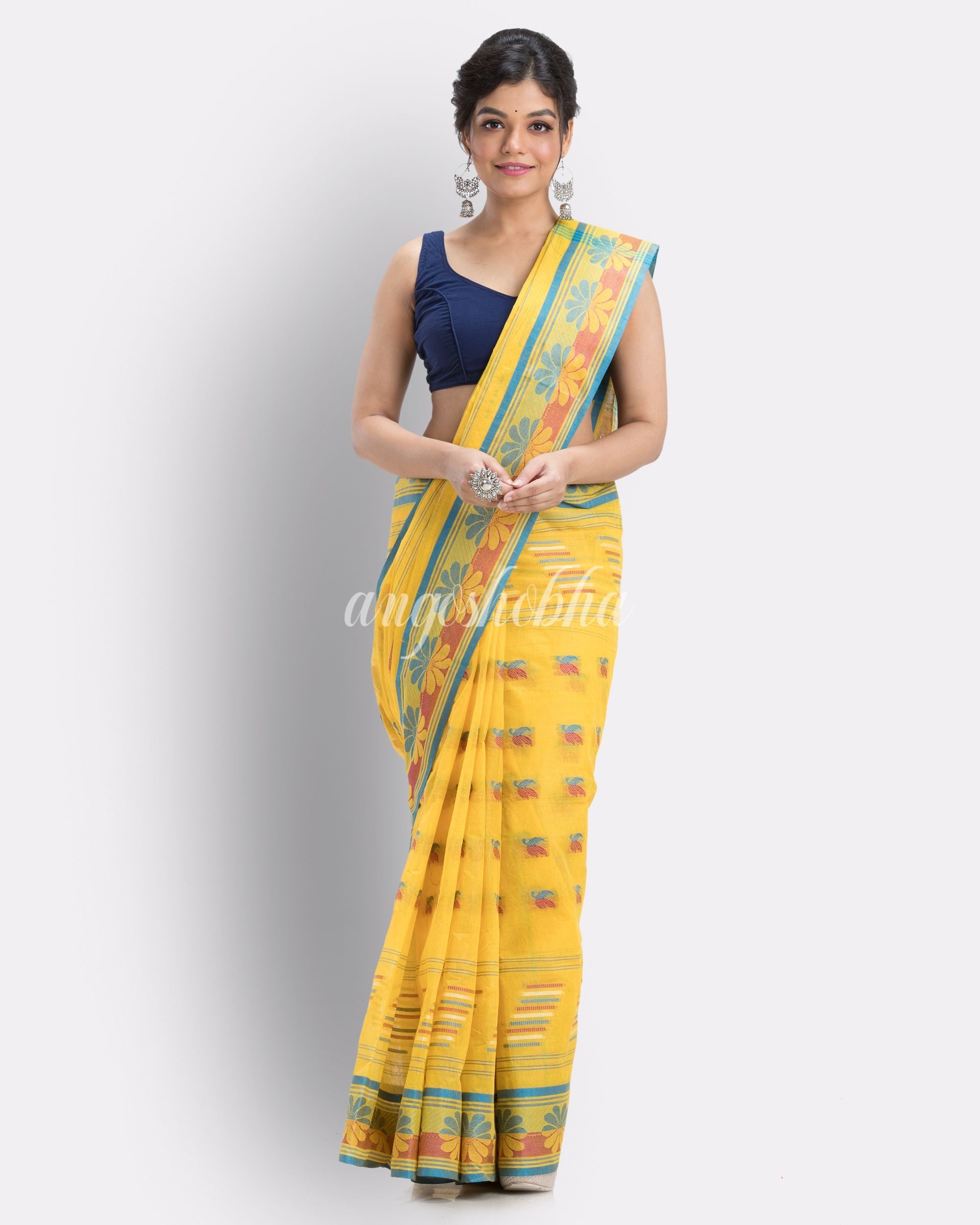 Handwoven, Self Design Tant Pure Cotton Saree (Yellow) angoshobha