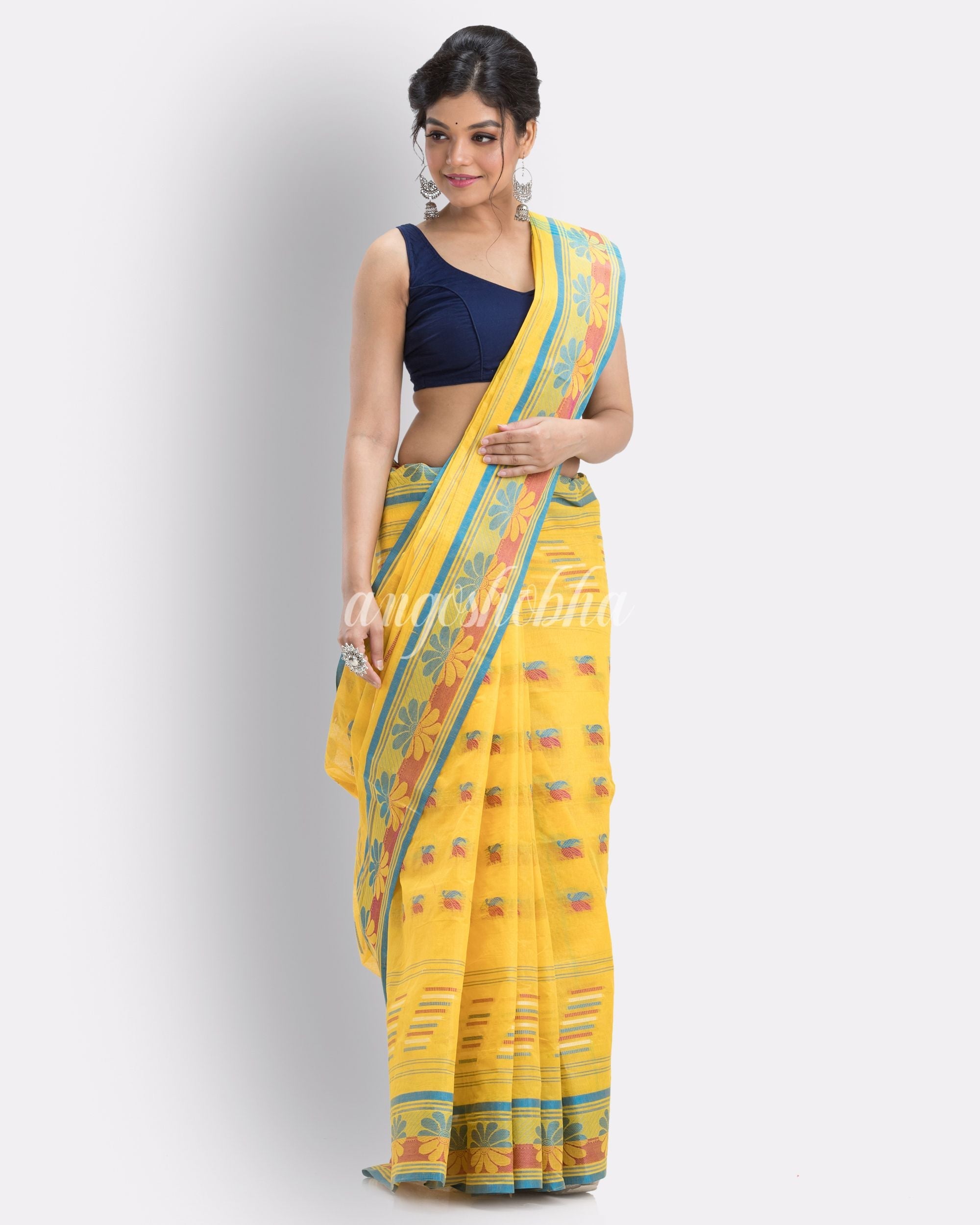 Handwoven, Self Design yellow Tant Pure Cotton Saree