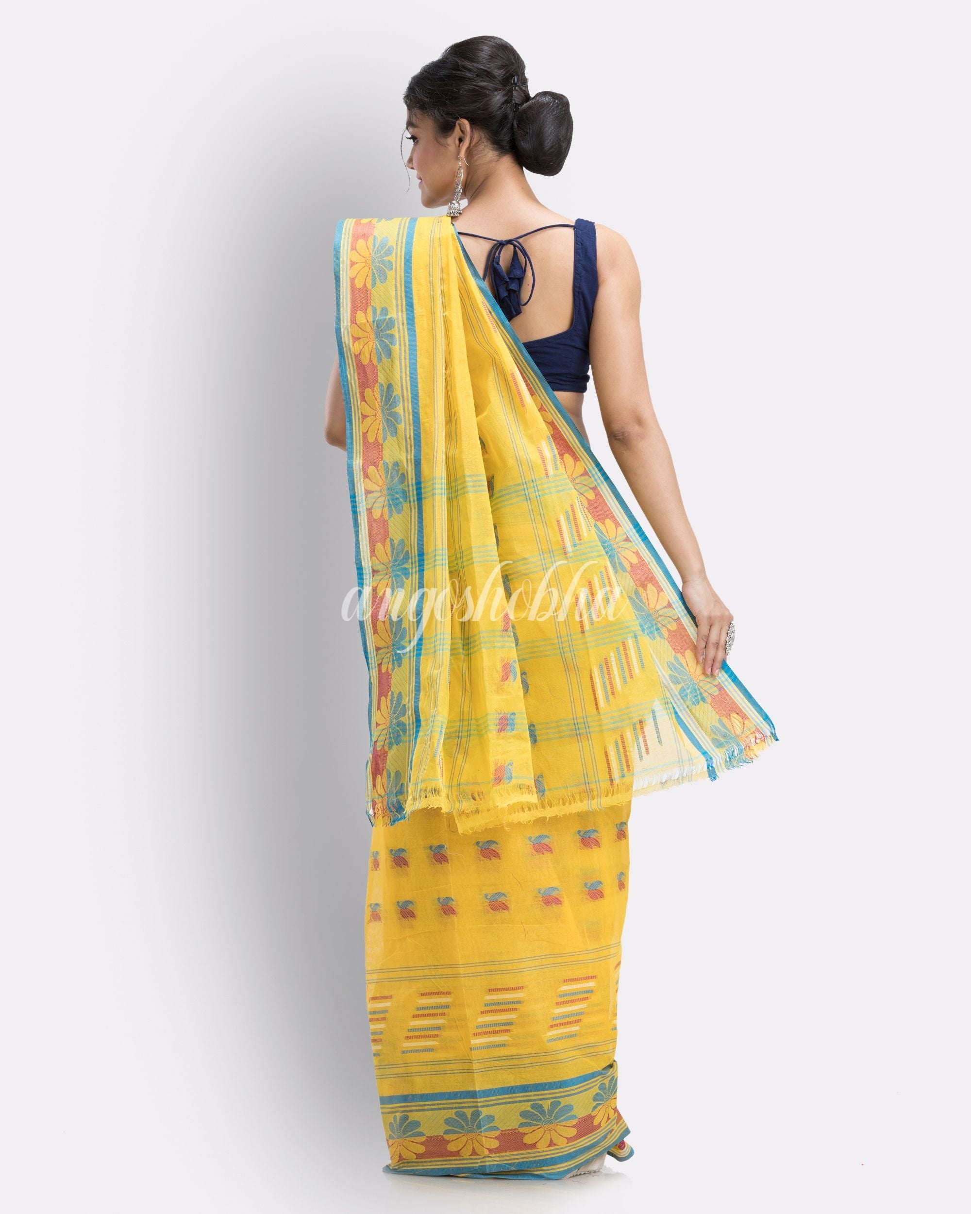 Handwoven, Self Design Tant Pure Cotton Saree (Yellow) angoshobha