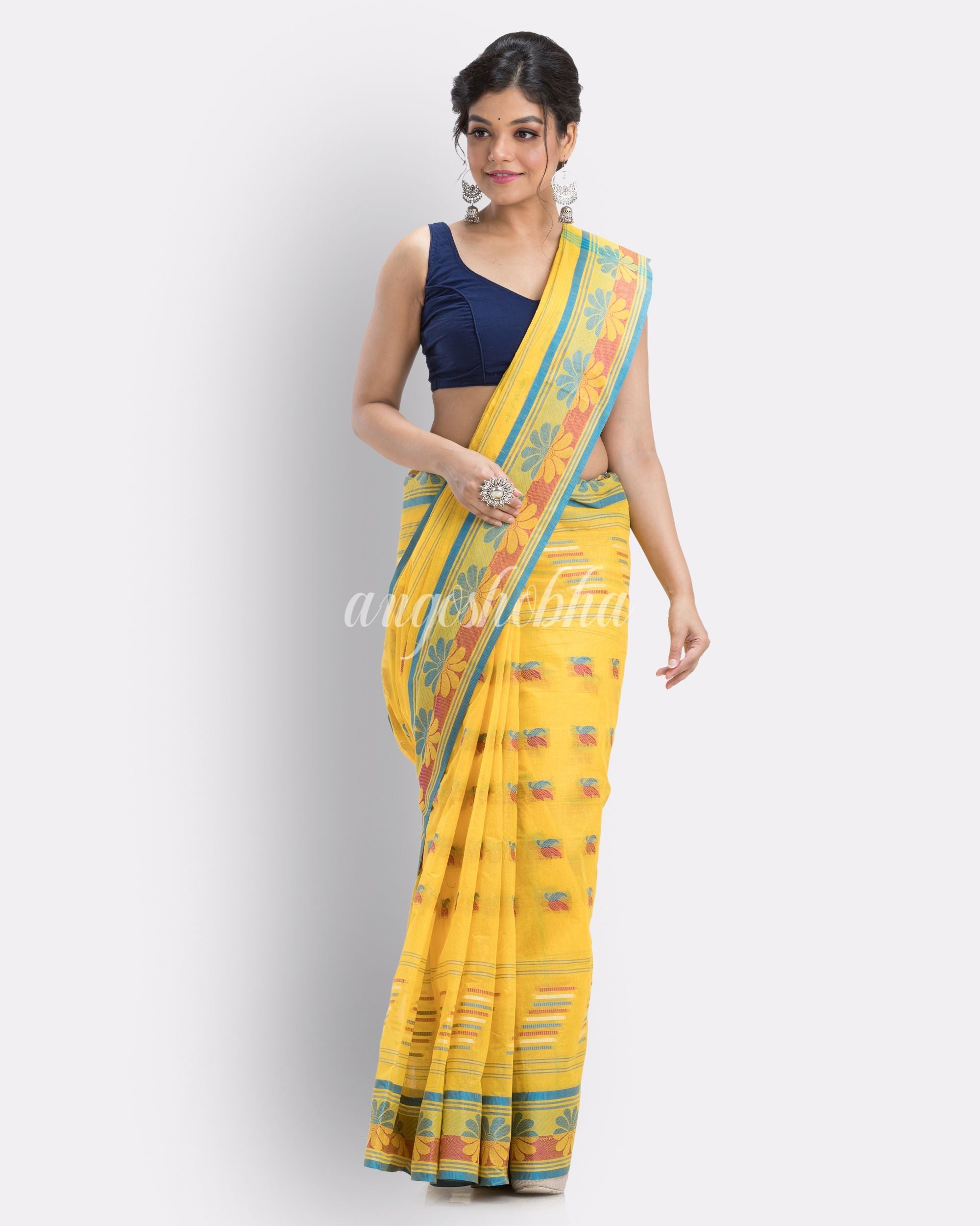 Handwoven, Self Design Tant Pure Cotton Saree (Yellow) angoshobha