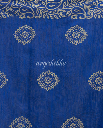 Indian Women Dark Blue Festive Cotton Blend saree angoshobha