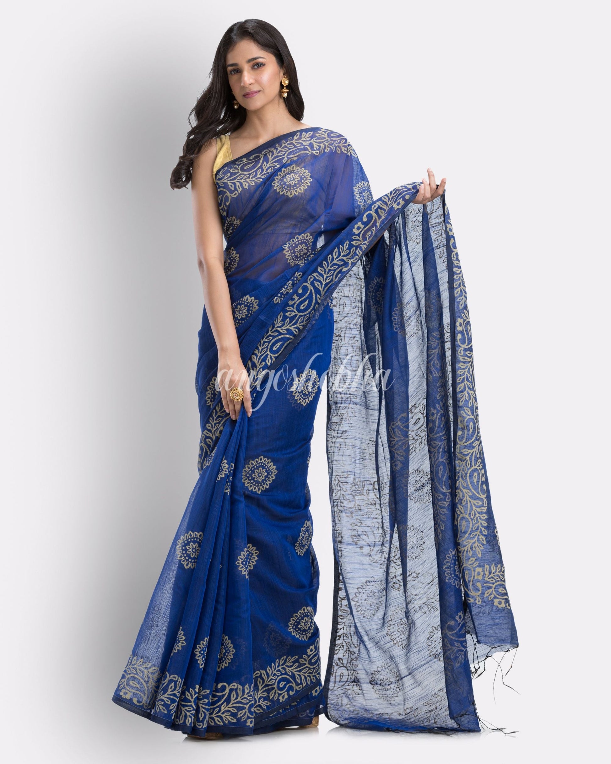 Indian Women Dark Blue Festive Cotton Blend saree angoshobha