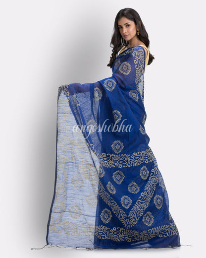 Indian Women Dark Blue Festive Cotton Blend saree angoshobha