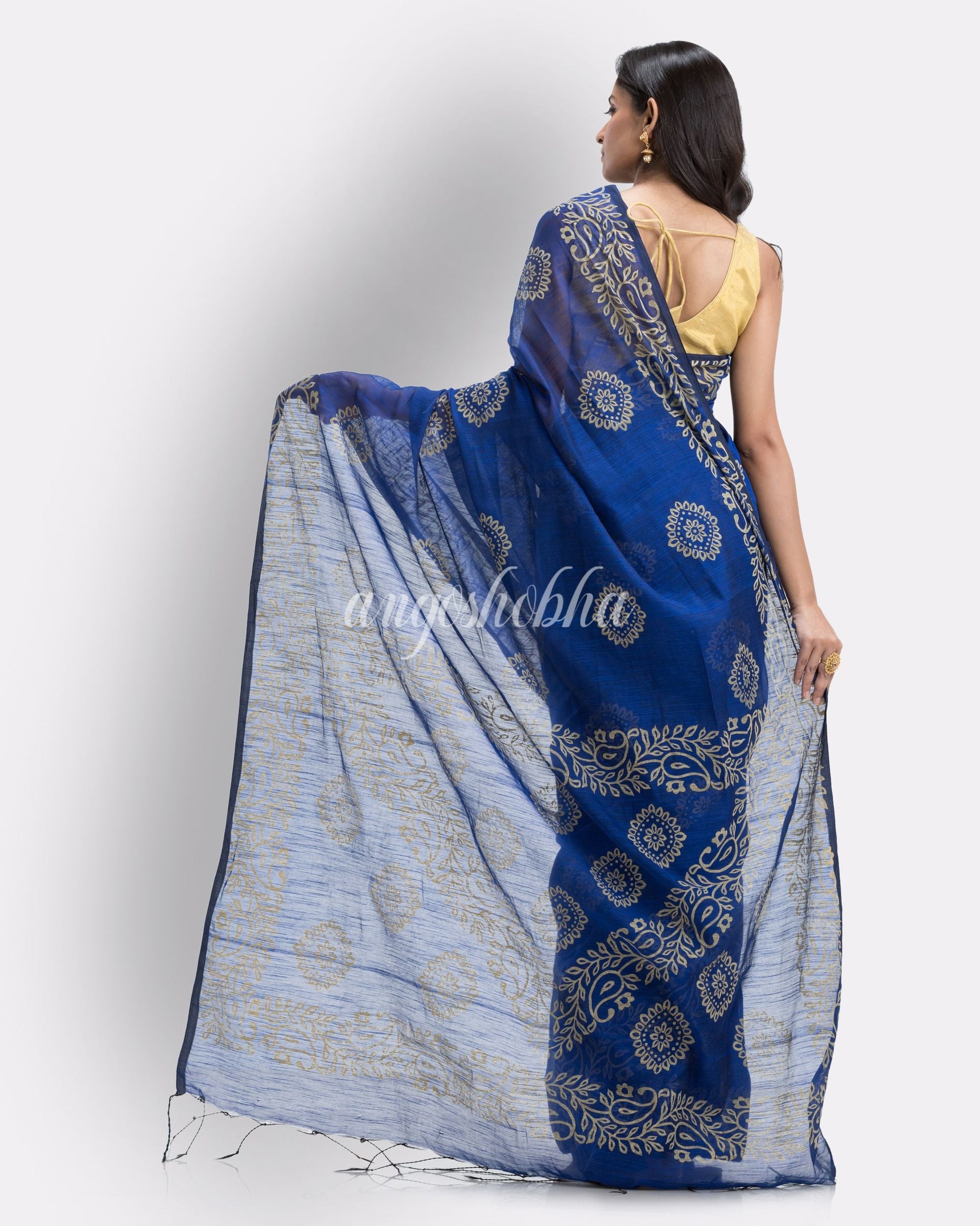 Indian Women Dark Blue Festive Cotton Blend saree angoshobha