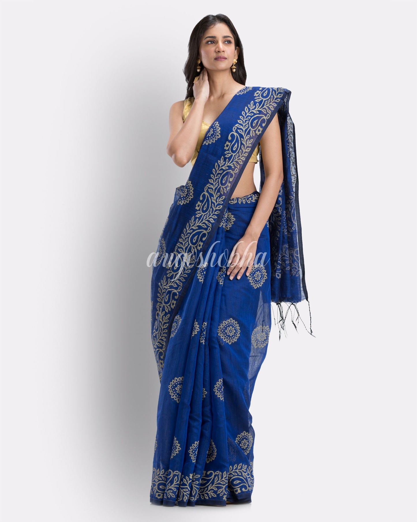 Indian Women Dark Blue Festive Cotton Blend saree angoshobha