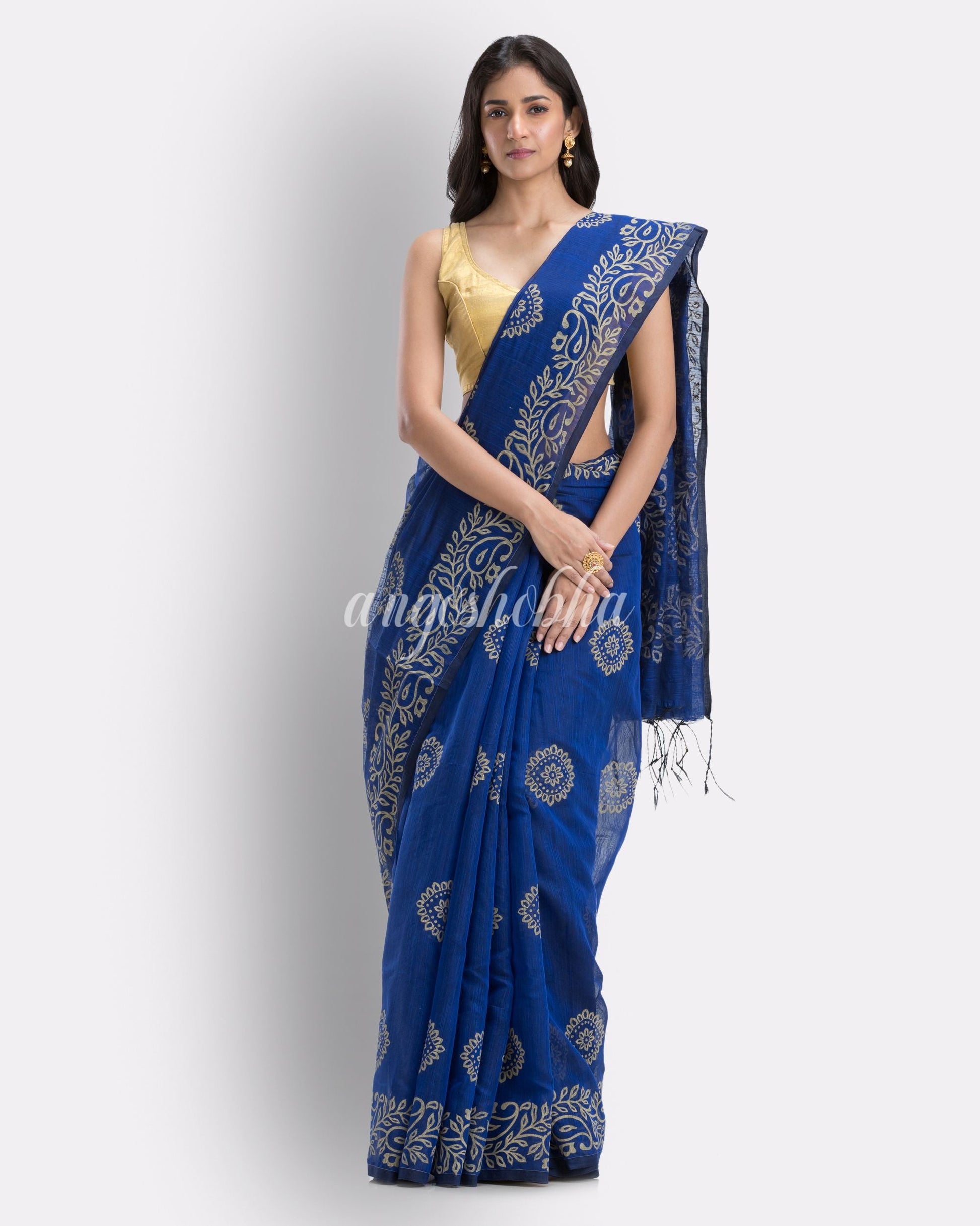 Indian Women Dark Blue Festive Cotton Blend saree angoshobha